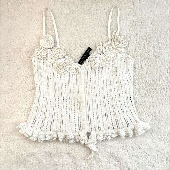 Ralph Lauren Black Label Rare Y2K Crochet Flower-Embellished Top Size Large - Picture 3 of 7